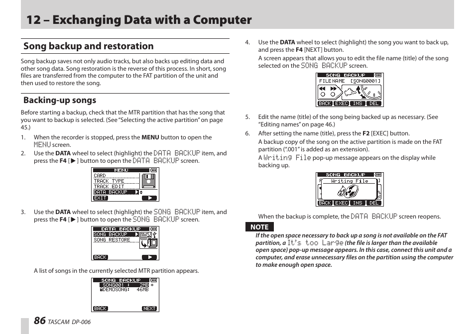 Song backup and restoration, Backing-up songs, 12 – exchanging data with a computer | Teac DP-006 User Manual | Page 86 / 104
