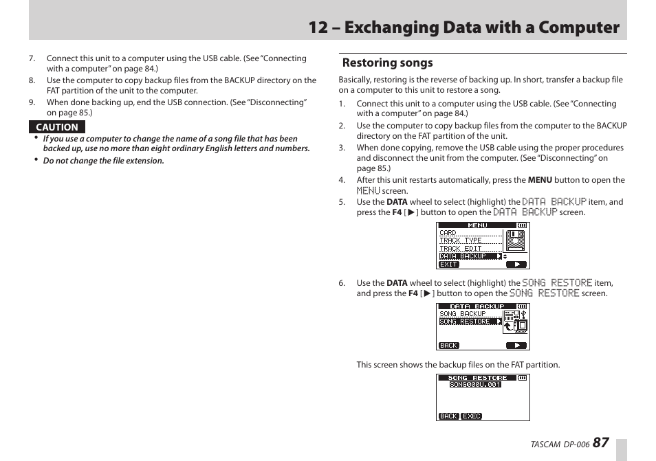 Restoring songs, 12 – exchanging data with a computer | Teac DP-006 User Manual | Page 87 / 104