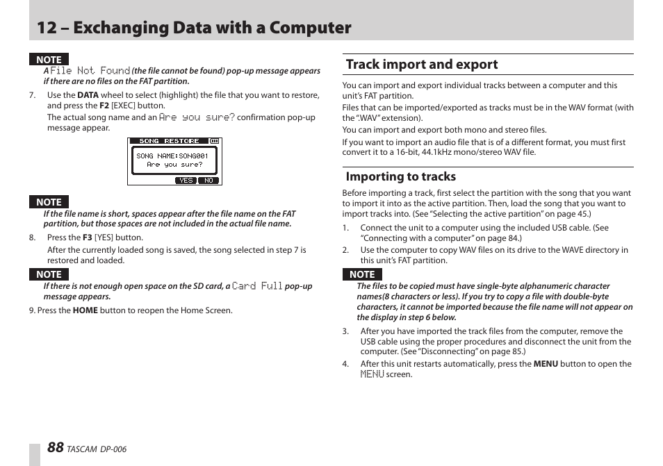 Track import and export, Importing to tracks, 12 – exchanging data with a computer | Teac DP-006 User Manual | Page 88 / 104