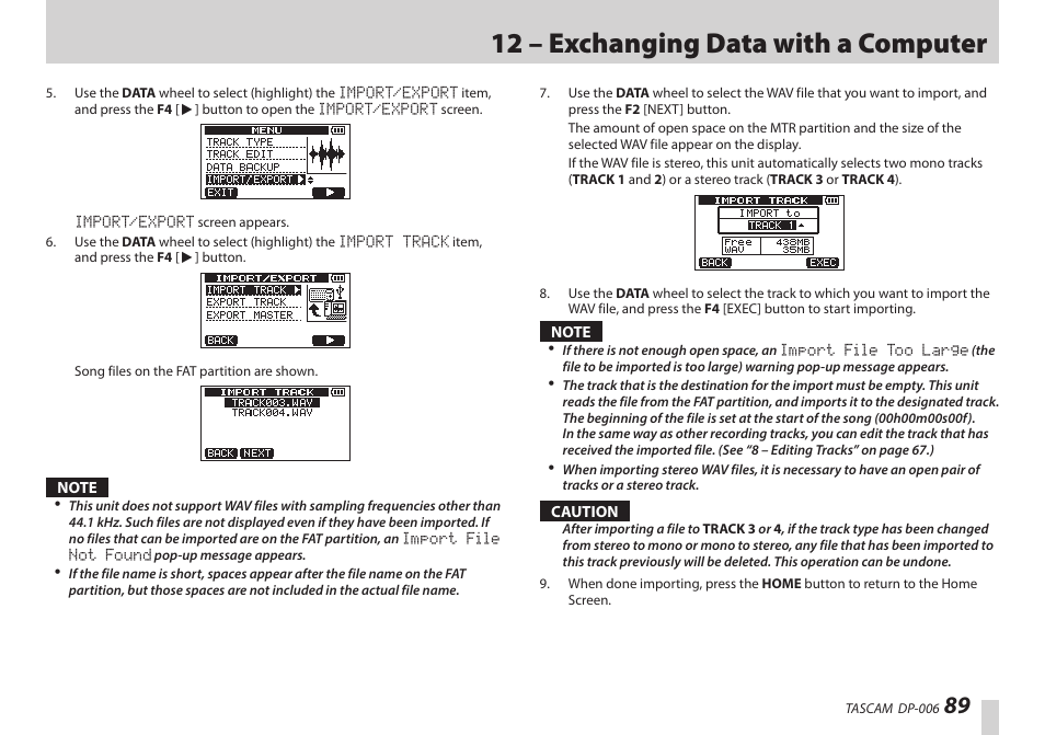 12 – exchanging data with a computer | Teac DP-006 User Manual | Page 89 / 104