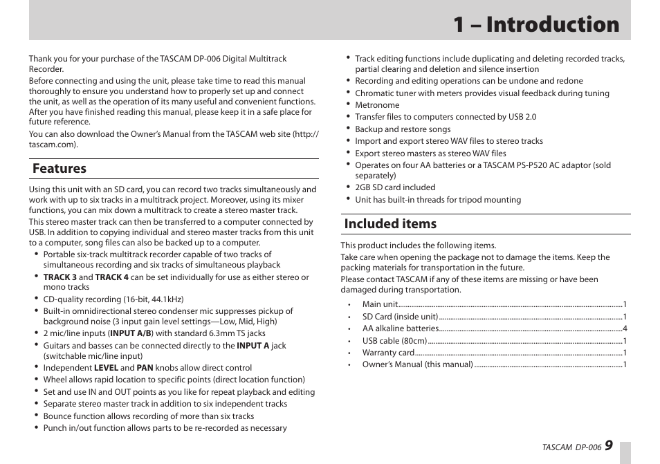 1 – introduction, Features, Included items | Features included items | Teac DP-006 User Manual | Page 9 / 104