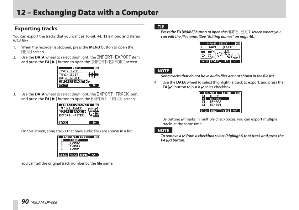 Exporting tracks, 12 – exchanging data with a computer | Teac DP-006 User Manual | Page 90 / 104