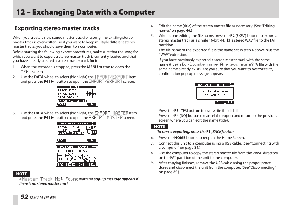Exporting stereo master tracks, 12 – exchanging data with a computer | Teac DP-006 User Manual | Page 92 / 104
