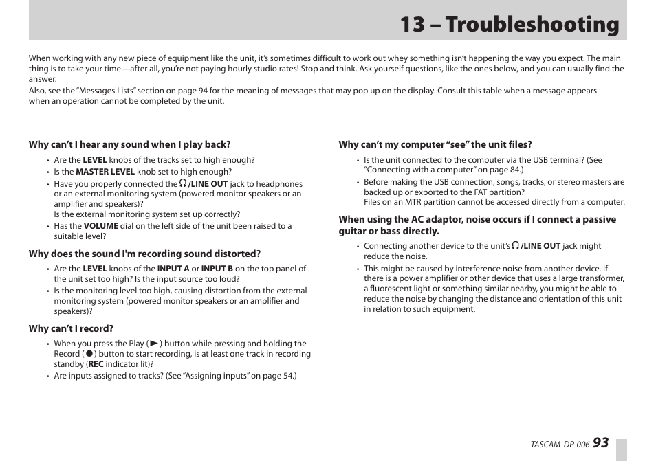 13 – troubleshooting | Teac DP-006 User Manual | Page 93 / 104