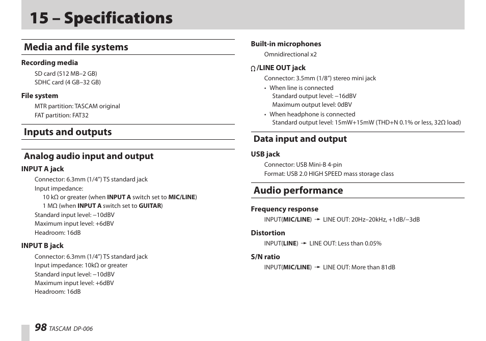 15 – specifications, Media and file systems, Inputs and outputs | Analog audio input and output, Data input and output, Audio performance, Media and file systems inputs and outputs | Teac DP-006 User Manual | Page 98 / 104