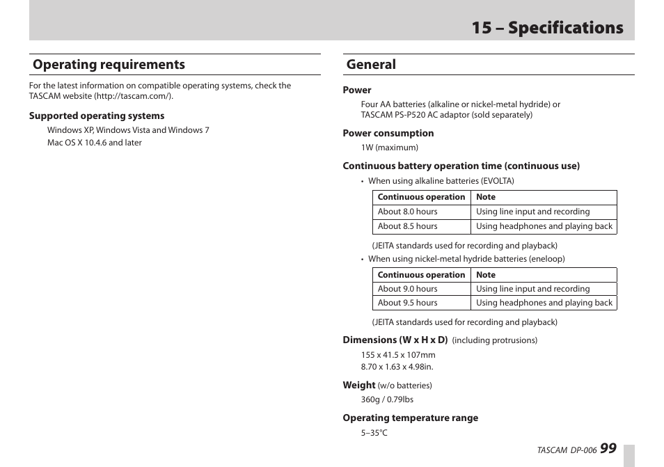 Operating requirements, General, Operating requirements general | 15 – specifications | Teac DP-006 User Manual | Page 99 / 104