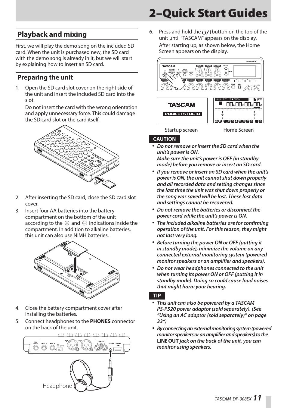 2–quick start guides, Playback and mixing, Preparing the unit | Teac DP-008EX User Manual | Page 11 / 92