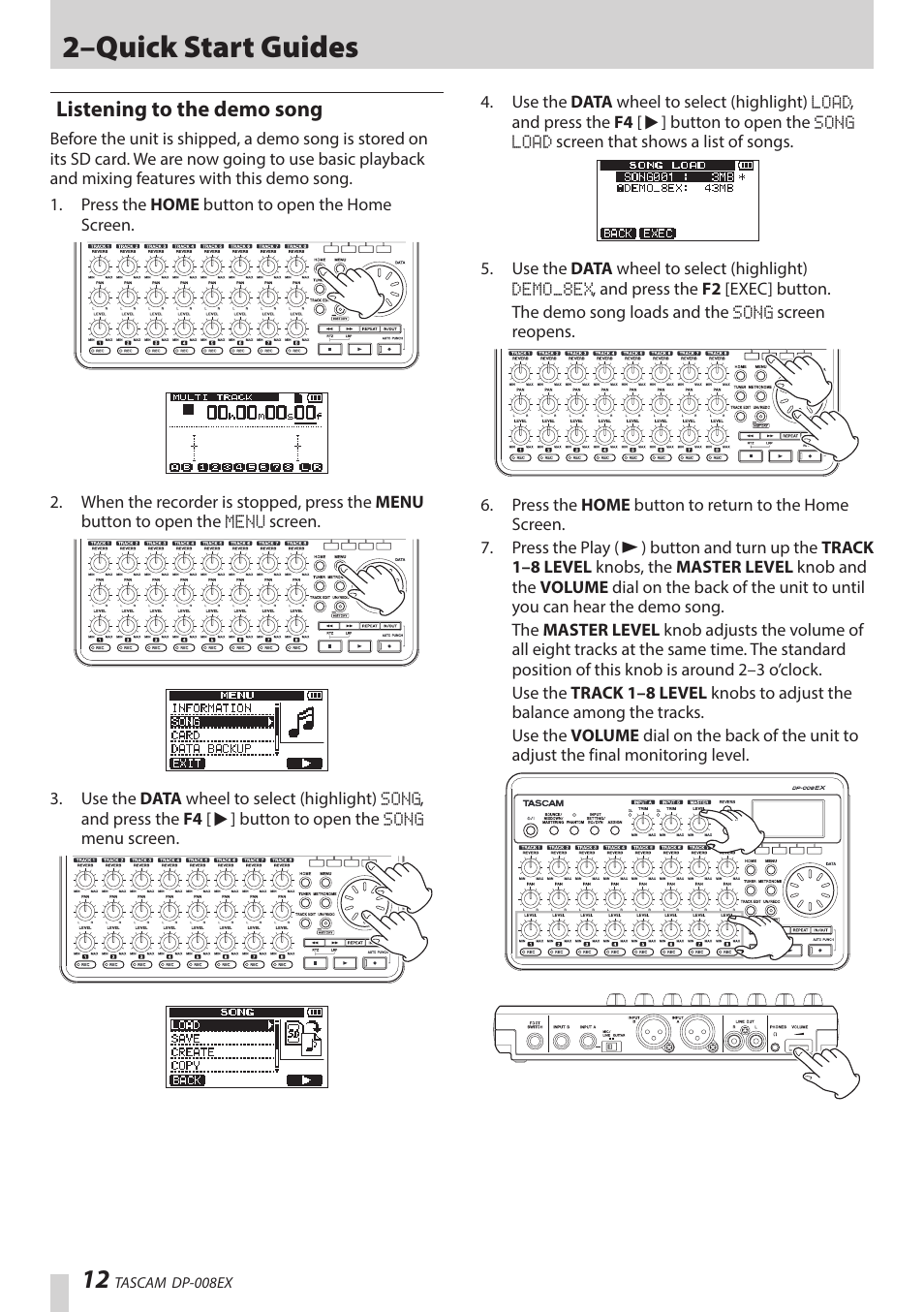 Listening to the demo song, 2–quick start guides | Teac DP-008EX User Manual | Page 12 / 92