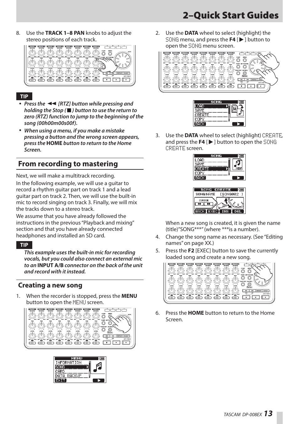 From recording to mastering, Creating a new song, 2–quick start guides | Teac DP-008EX User Manual | Page 13 / 92