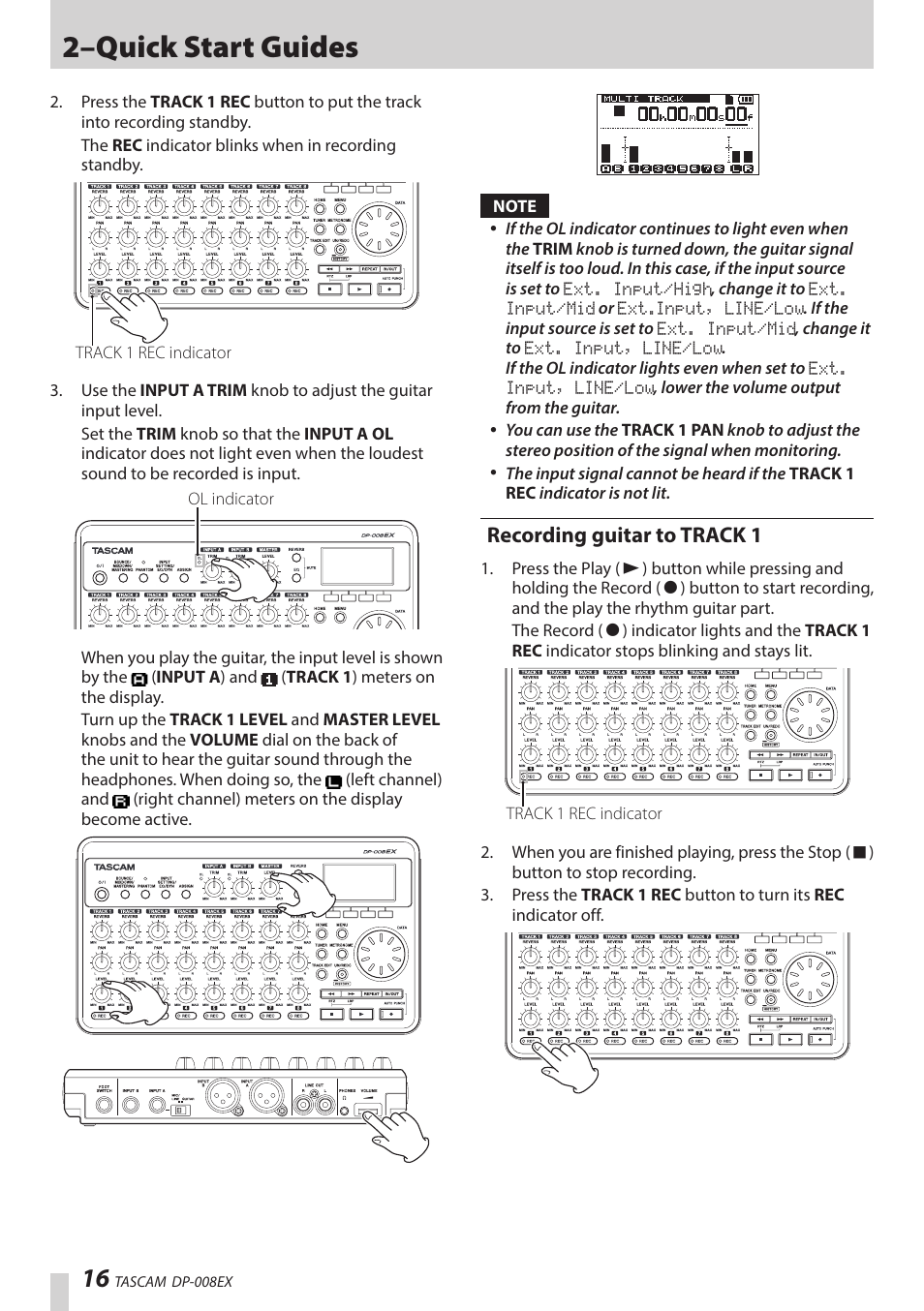 Recording guitar to track 1, 2–quick start guides | Teac DP-008EX User Manual | Page 16 / 92