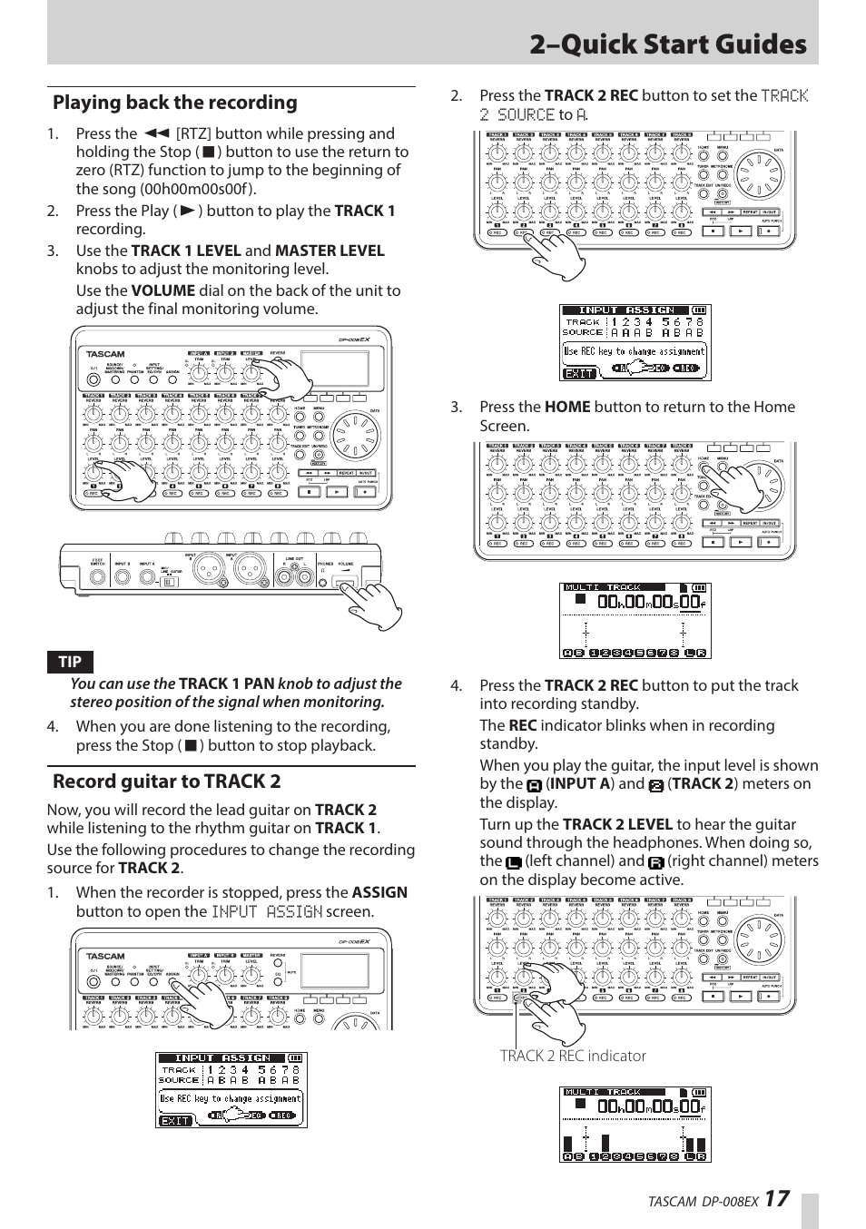 Playing back the recording, Record guitar to track 2, 2–quick start guides | Teac DP-008EX User Manual | Page 17 / 92