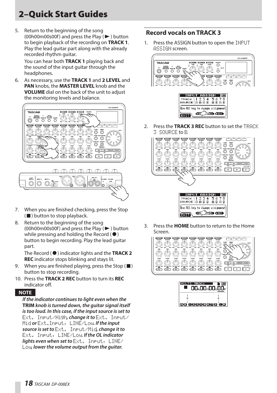 Record vocals on track 3, 2–quick start guides | Teac DP-008EX User Manual | Page 18 / 92