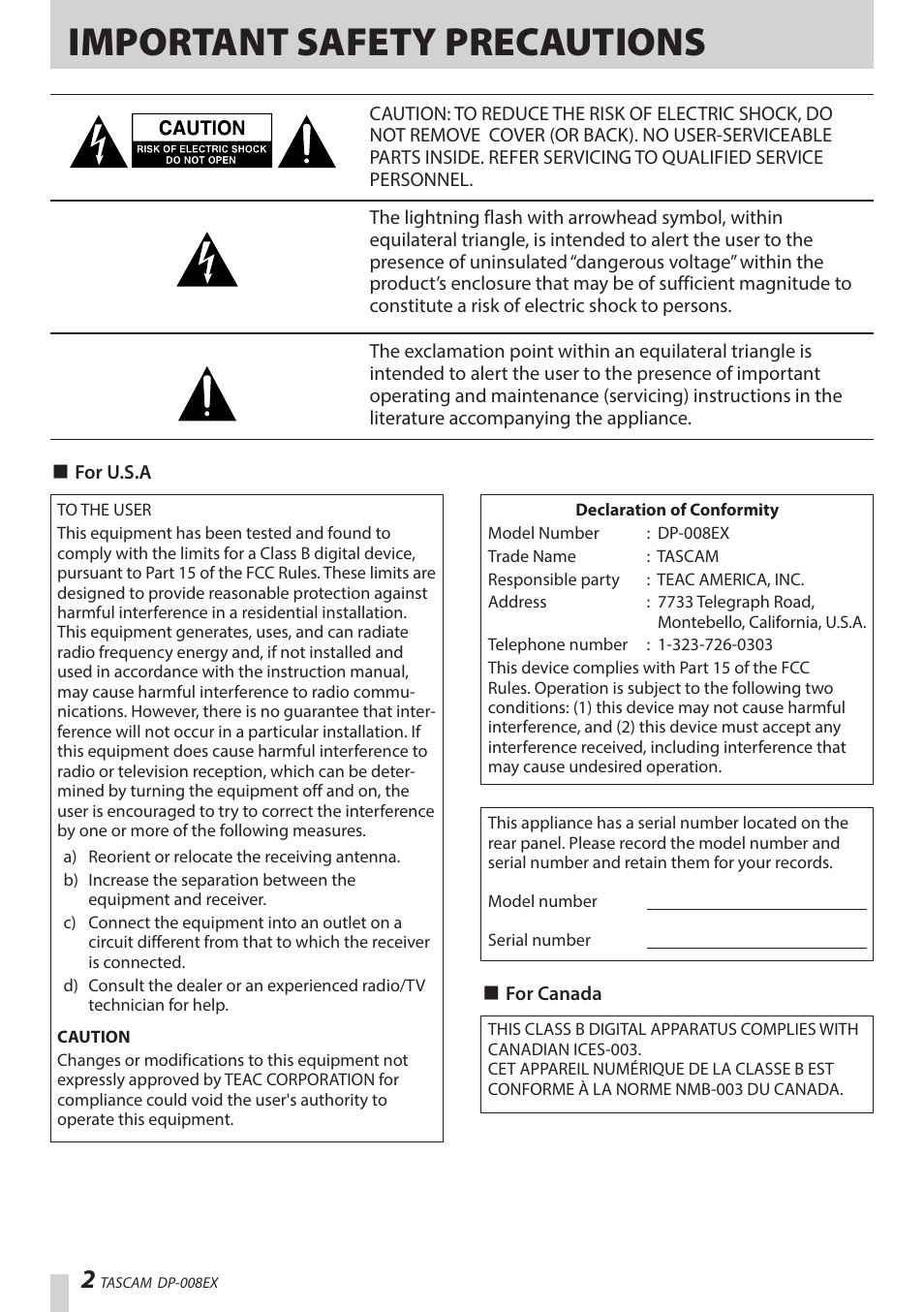 Important safety precautions | Teac DP-008EX User Manual | Page 2 / 92