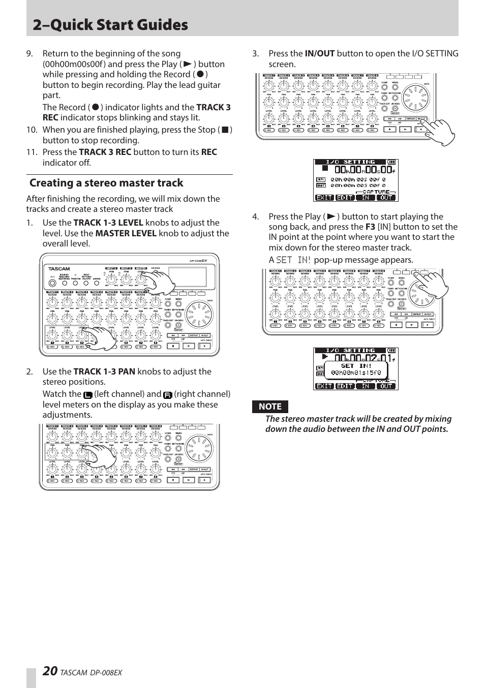 Creating a stereo master track, 2–quick start guides | Teac DP-008EX User Manual | Page 20 / 92