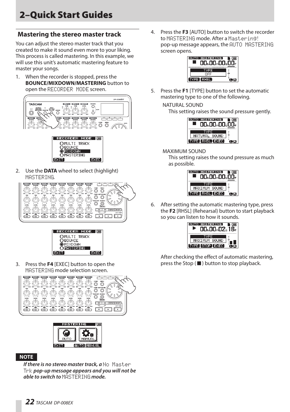 Mastering the stereo master track, 2–quick start guides | Teac DP-008EX User Manual | Page 22 / 92