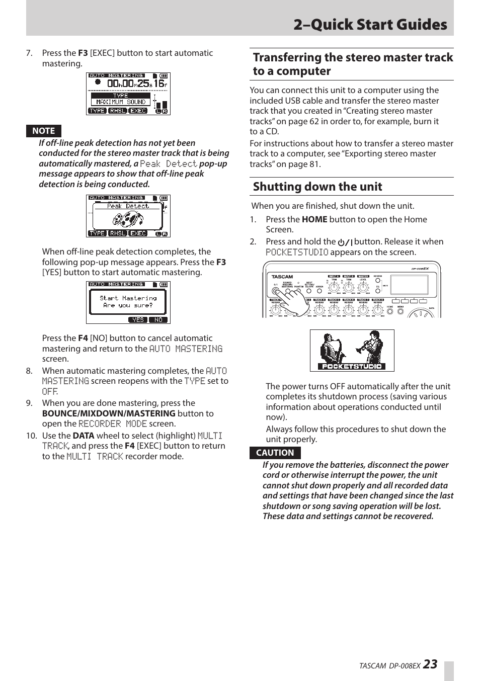 Transferring the stereo master track to a computer, Shutting down the unit, Transferring the stereo master track to a | Computer, 2–quick start guides | Teac DP-008EX User Manual | Page 23 / 92