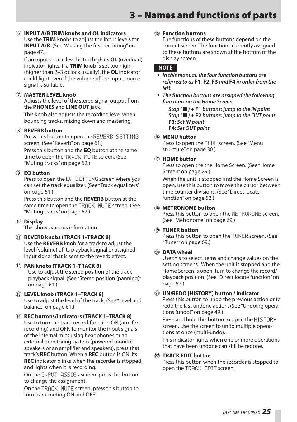 3 – names and functions of parts | Teac DP-008EX User Manual | Page 25 / 92