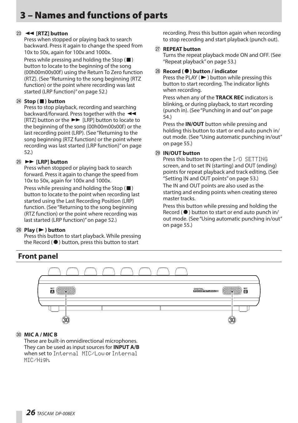 Front panel, 3 – names and functions of parts | Teac DP-008EX User Manual | Page 26 / 92