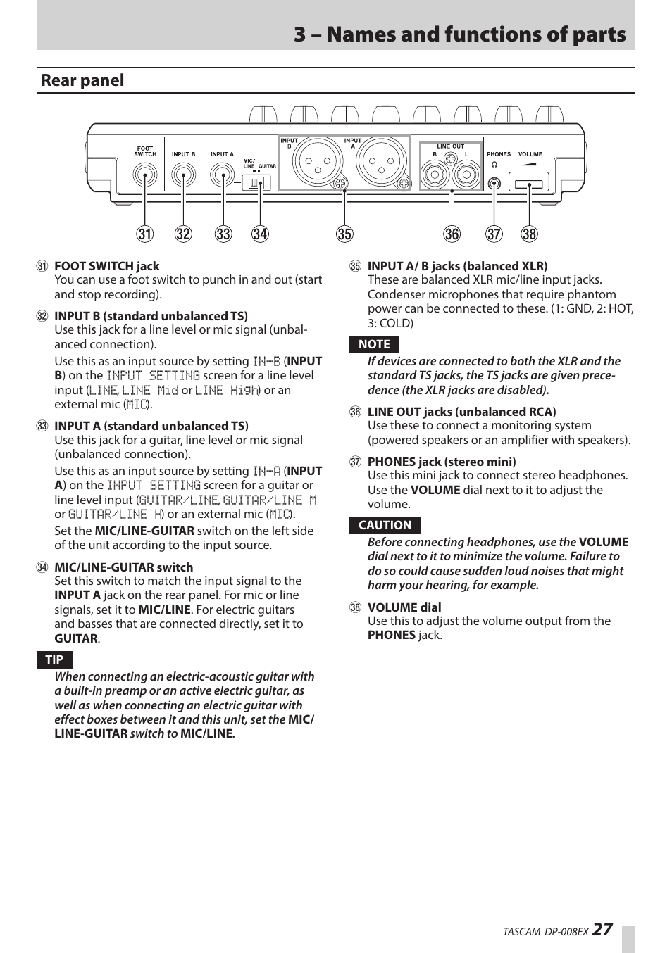 Rear panel, 3 – names and functions of parts | Teac DP-008EX User Manual | Page 27 / 92