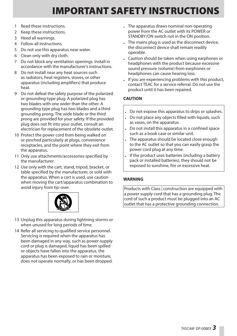 Important safety instructions | Teac DP-008EX User Manual | Page 3 / 92