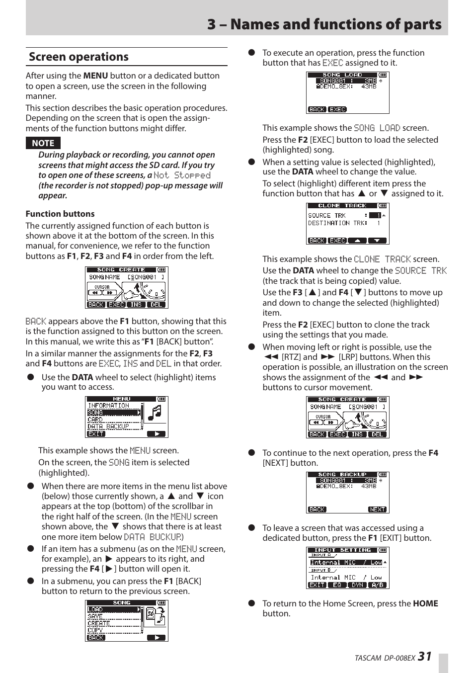 Screen operations, 3 – names and functions of parts | Teac DP-008EX User Manual | Page 31 / 92