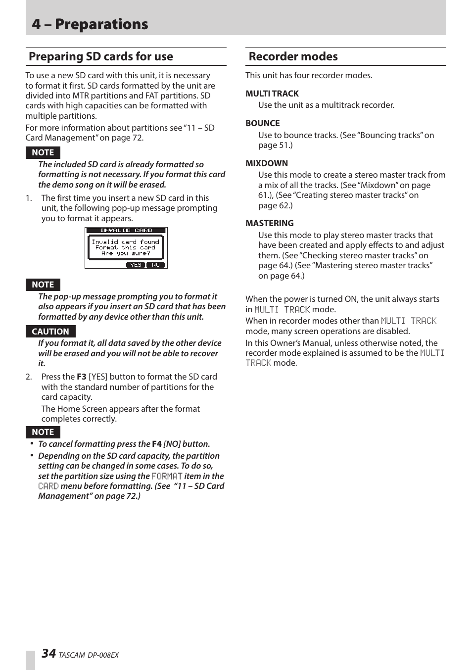 Preparing sd cards for use, Recorder modes, 4 – preparations | Teac DP-008EX User Manual | Page 34 / 92