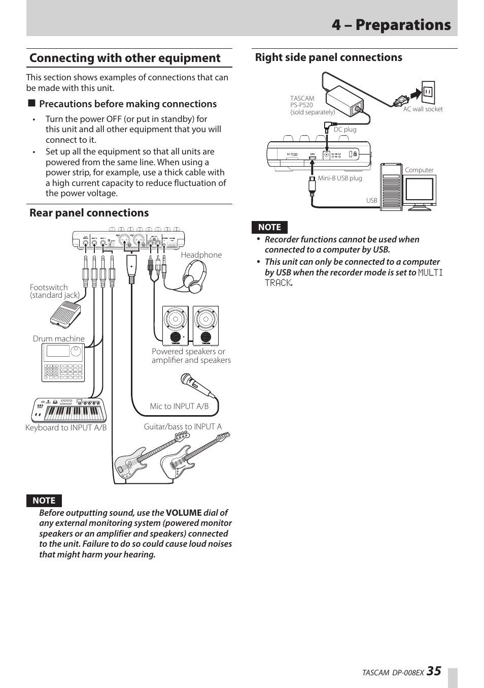 Connecting with other equipment, Rear panel connections, Right side panel connections | 4 – preparations | Teac DP-008EX User Manual | Page 35 / 92