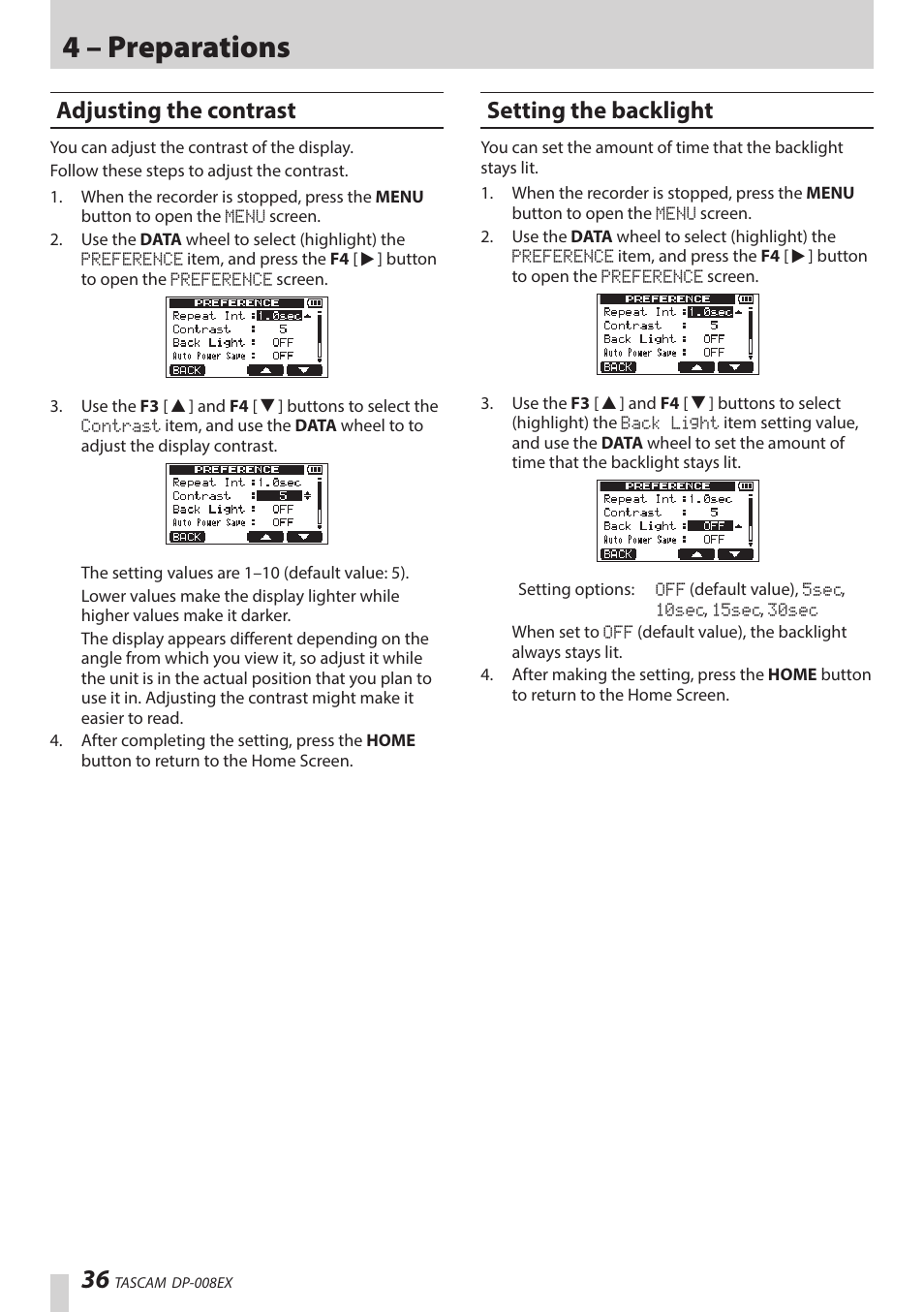 Adjusting the contrast, Setting the backlight, 4 – preparations | Teac DP-008EX User Manual | Page 36 / 92