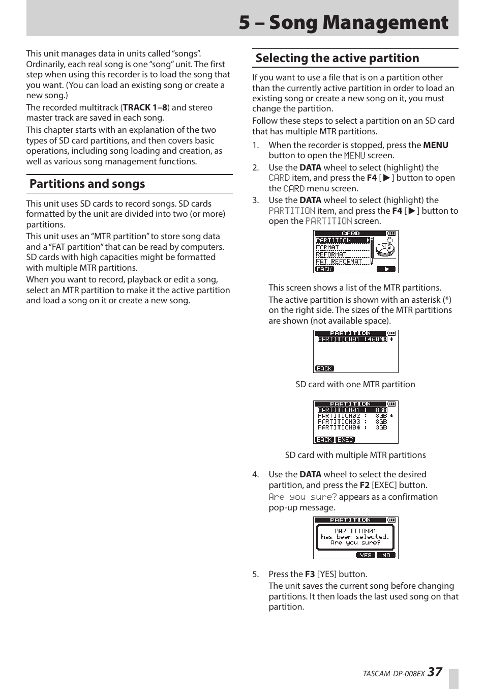 5 – song management, Partitions and songs, Selecting the active partition | Teac DP-008EX User Manual | Page 37 / 92