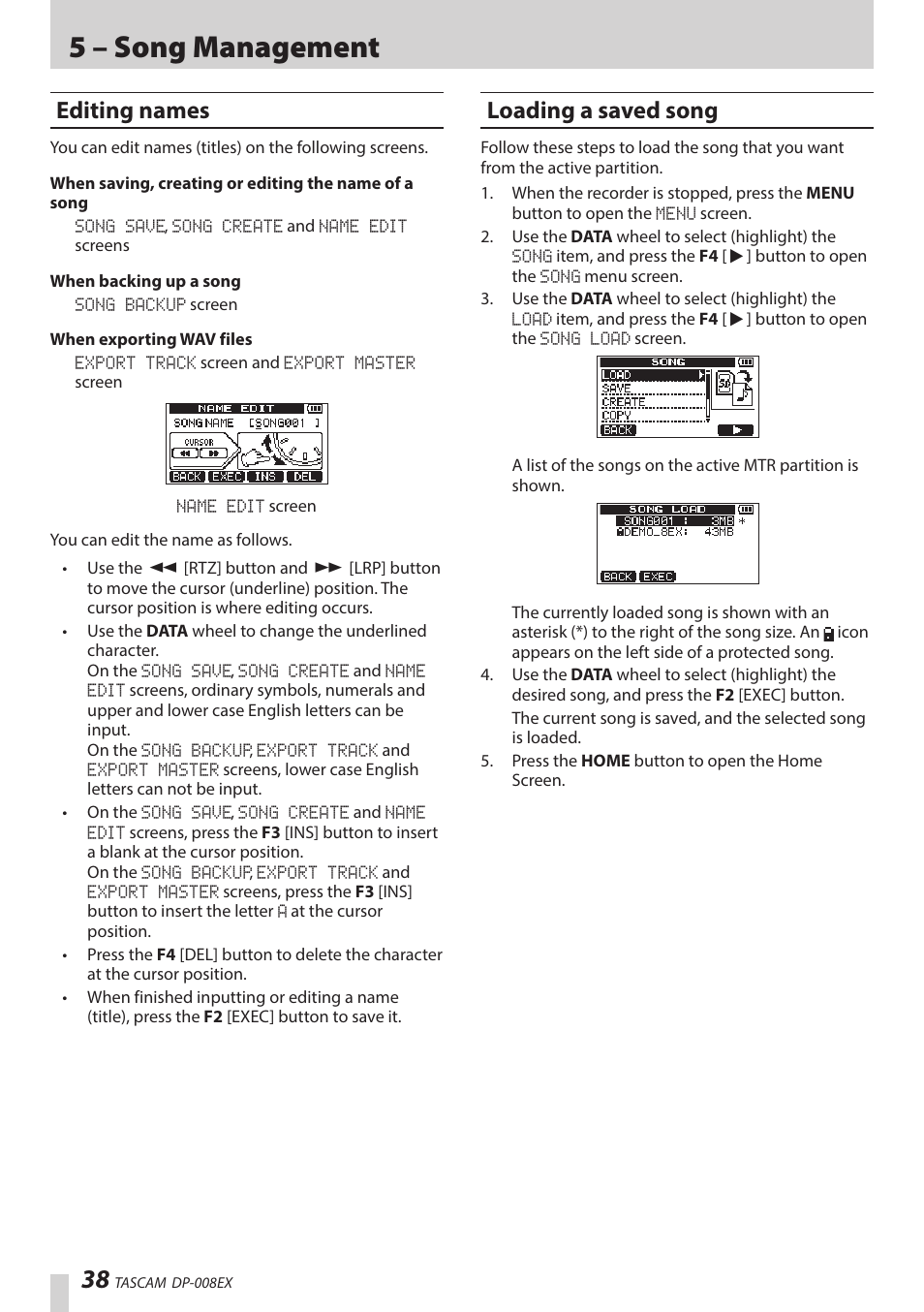 Editing names, Loading a saved song, 5 – song management | Teac DP-008EX User Manual | Page 38 / 92