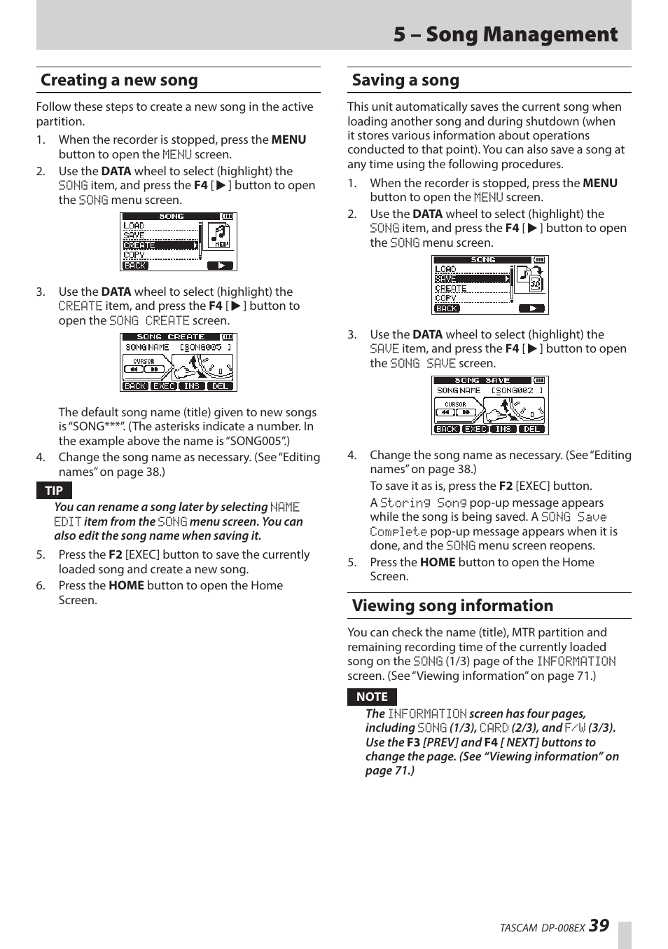 Creating a new song, Saving a song, Viewing song information | 5 – song management | Teac DP-008EX User Manual | Page 39 / 92