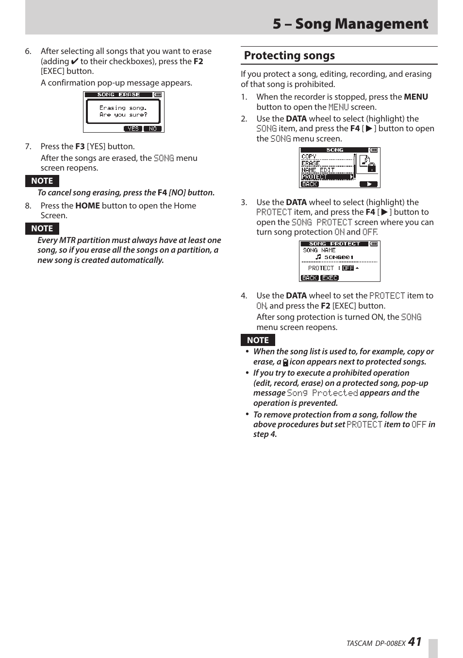 Protecting songs, 5 – song management | Teac DP-008EX User Manual | Page 41 / 92