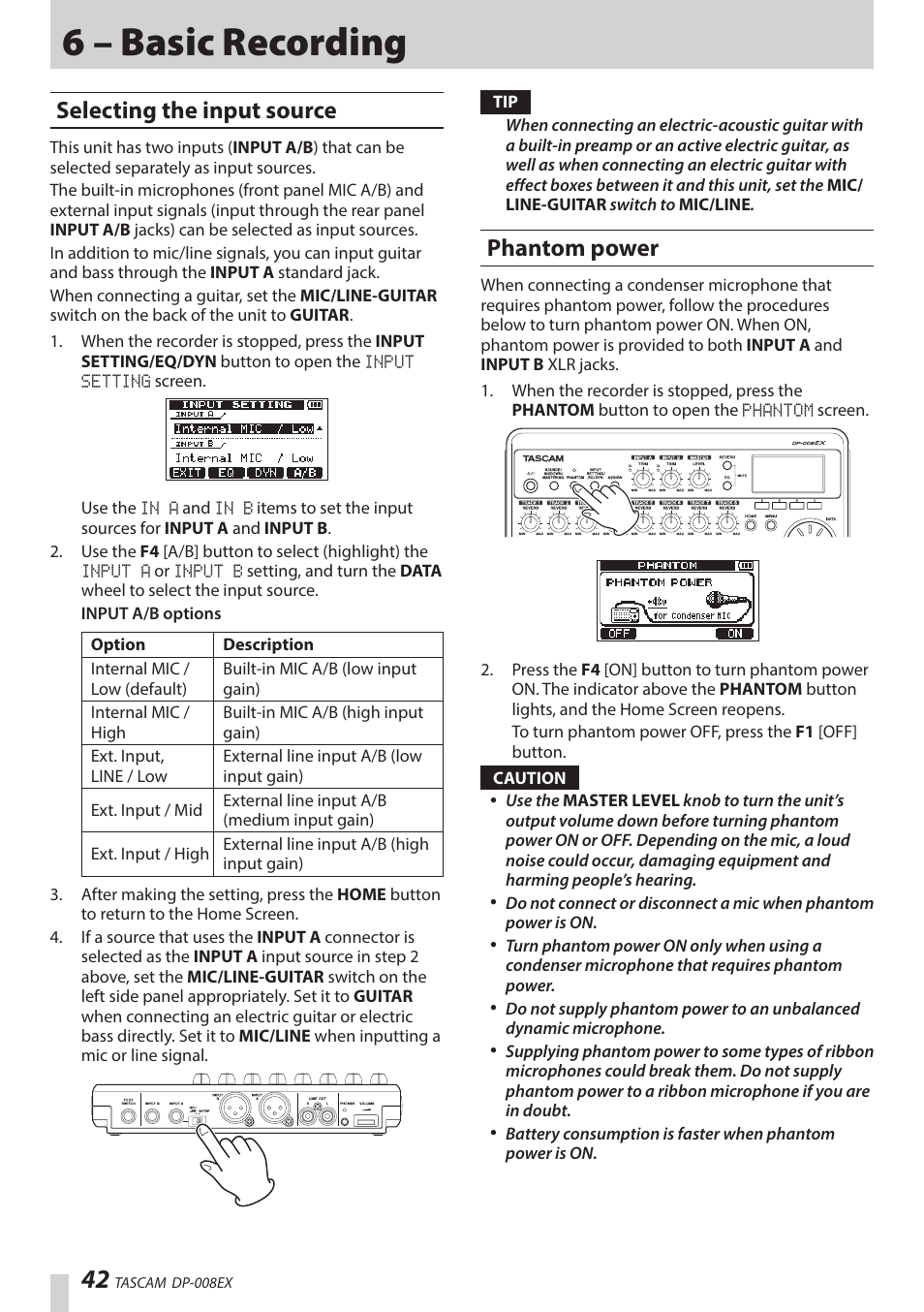 6 – basic recording, Selecting the input source, Phantom power | Teac DP-008EX User Manual | Page 42 / 92