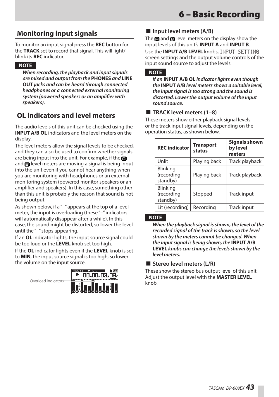 Monitoring input signals, Ol indicators and level meters, 6 – basic recording | Teac DP-008EX User Manual | Page 43 / 92