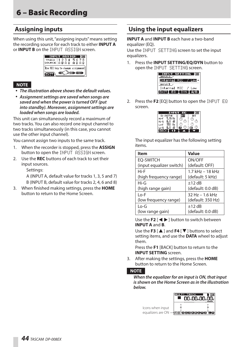 Assigning inputs, Using the input equalizers, 6 – basic recording | Teac DP-008EX User Manual | Page 44 / 92