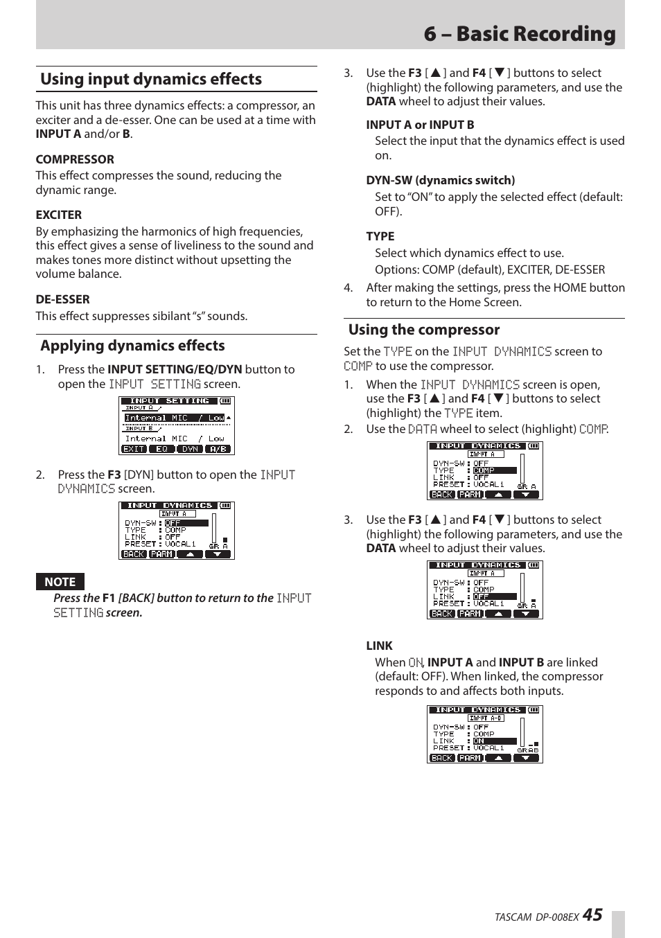 Using input dynamics effects, Applying dynamics effects, Using the compressor | 6 – basic recording | Teac DP-008EX User Manual | Page 45 / 92