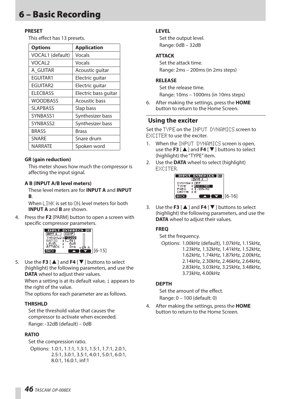 Using the exciter, 6 – basic recording | Teac DP-008EX User Manual | Page 46 / 92