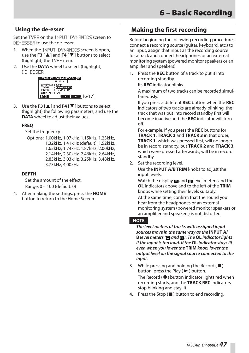 Using the de-esser, Making the first recording, Ee “making the first recording” on | 6 – basic recording | Teac DP-008EX User Manual | Page 47 / 92