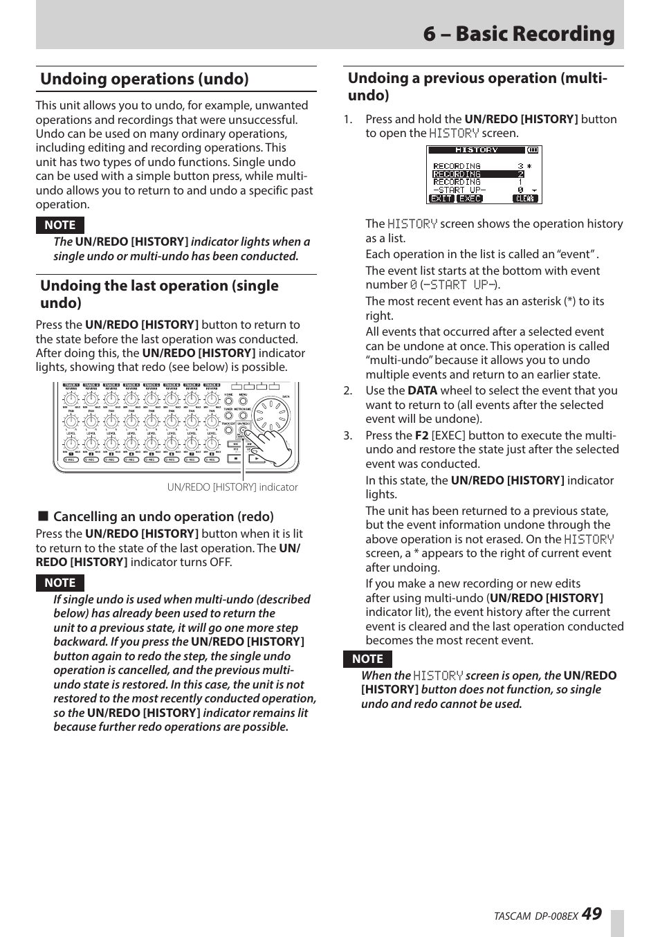 Undoing operations (undo), Undoing the last operation (single undo), Undoing a previous operation (multi-undo) | Ee “undoing opera, 6 – basic recording, Undoing a previous operation (multi- undo) | Teac DP-008EX User Manual | Page 49 / 92