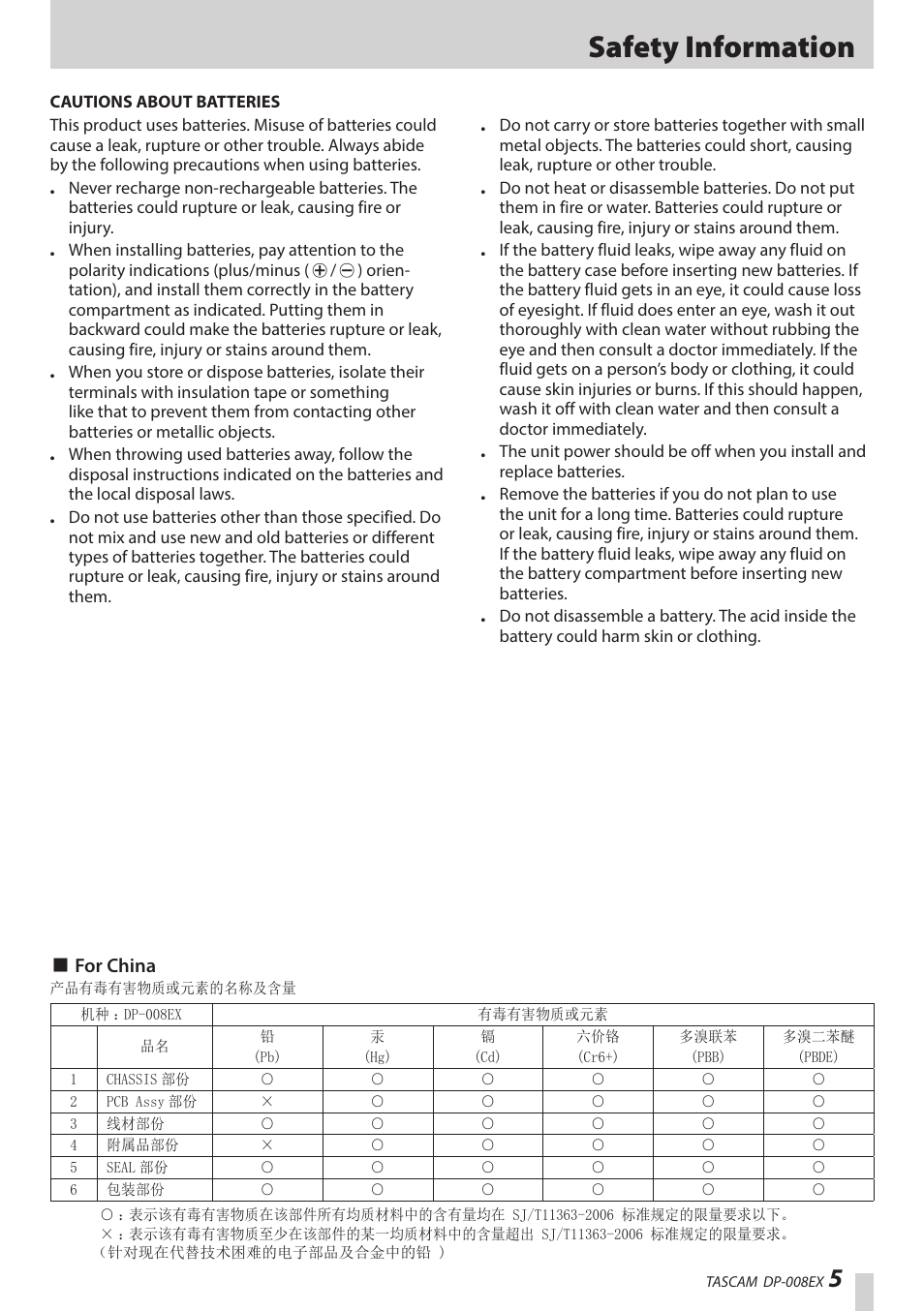 Safety information, 8 for china | Teac DP-008EX User Manual | Page 5 / 92