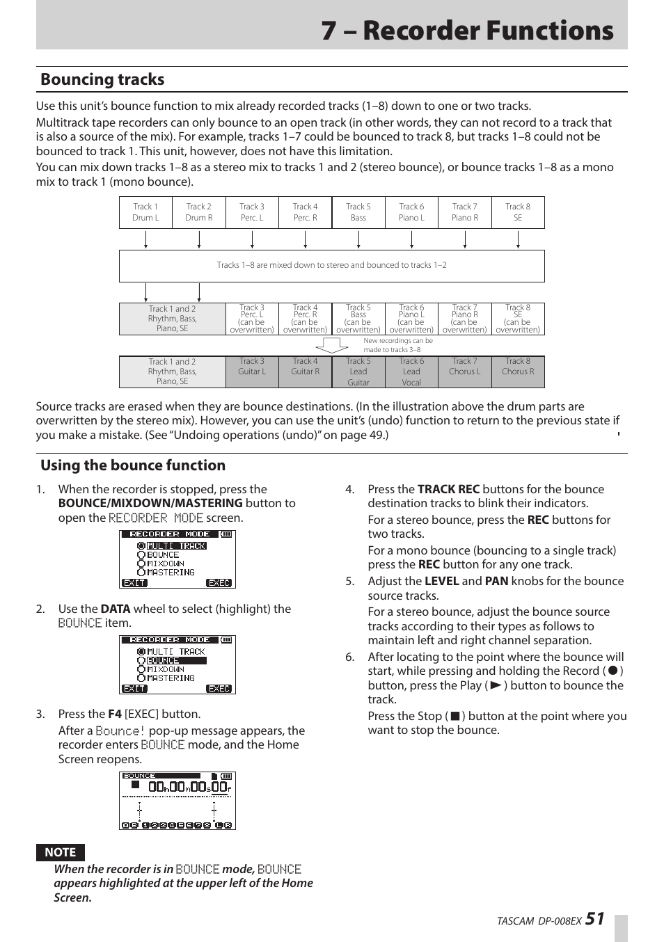 7 – recorder functions, Bouncing tracks, Using the bounce function | Ee “bouncing tracks” on | Teac DP-008EX User Manual | Page 51 / 92