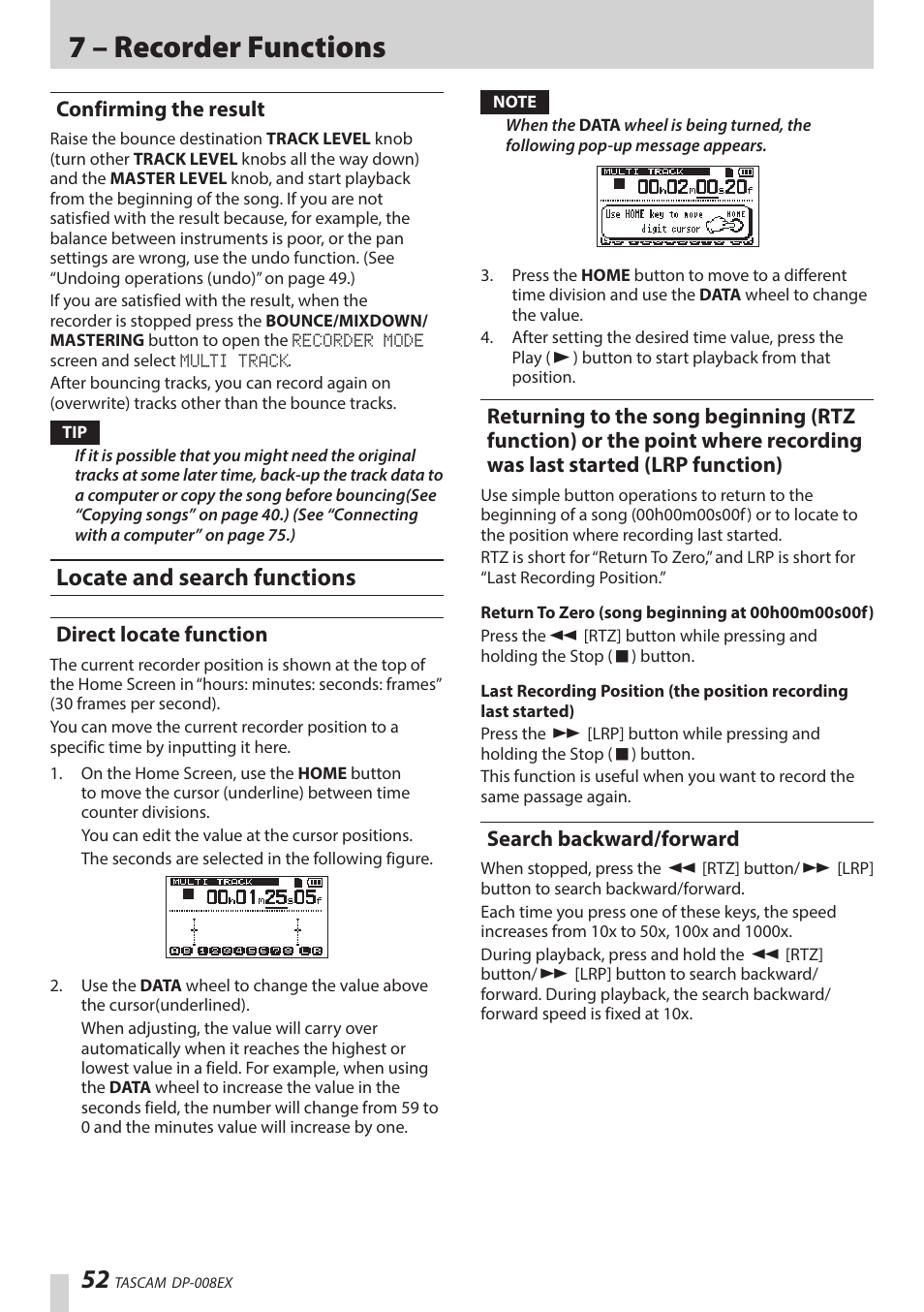 Confirming the result, Locate and search functions, Direct locate function | Search backward/forward, Returning to the song beginning (rtz, Function) or the point where recording, Was last started (lrp function), Ee “direct locate, Ee “direct locate function” on, Ee “returning to the song beginning (rtz | Teac DP-008EX User Manual | Page 52 / 92