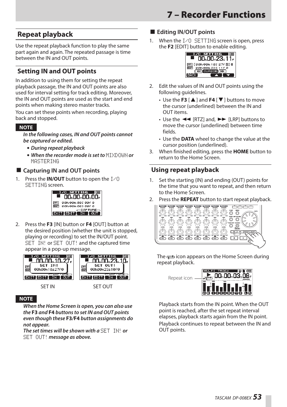 Repeat playback, Setting in and out points, Using repeat playback | 7 – recorder functions | Teac DP-008EX User Manual | Page 53 / 92