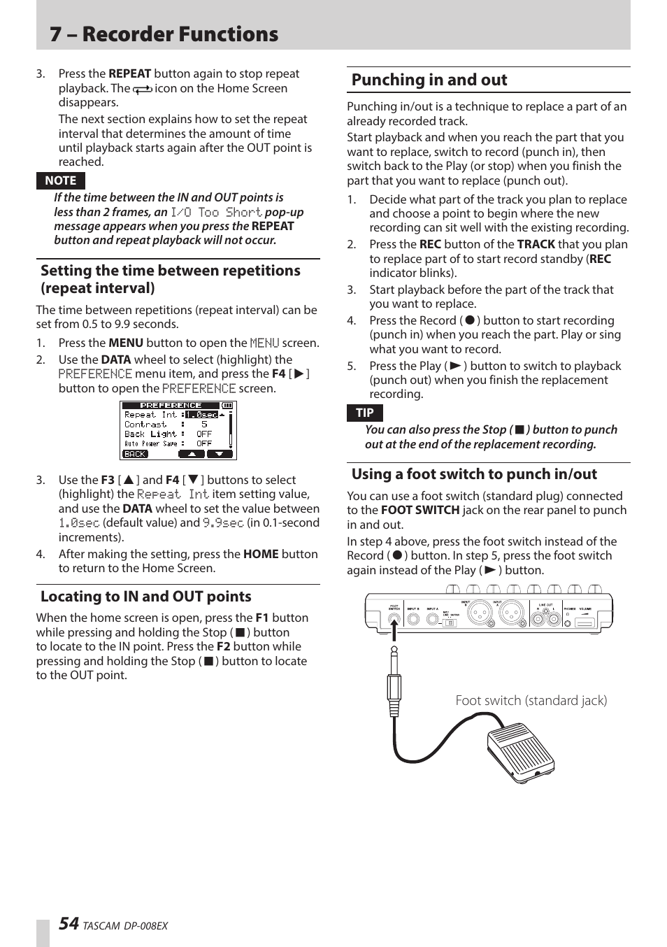 Locating to in and out points, Punching in and out, Using a foot switch to punch in/out | Setting the time between repetitions, Repeat interval), 7 – recorder functions | Teac DP-008EX User Manual | Page 54 / 92