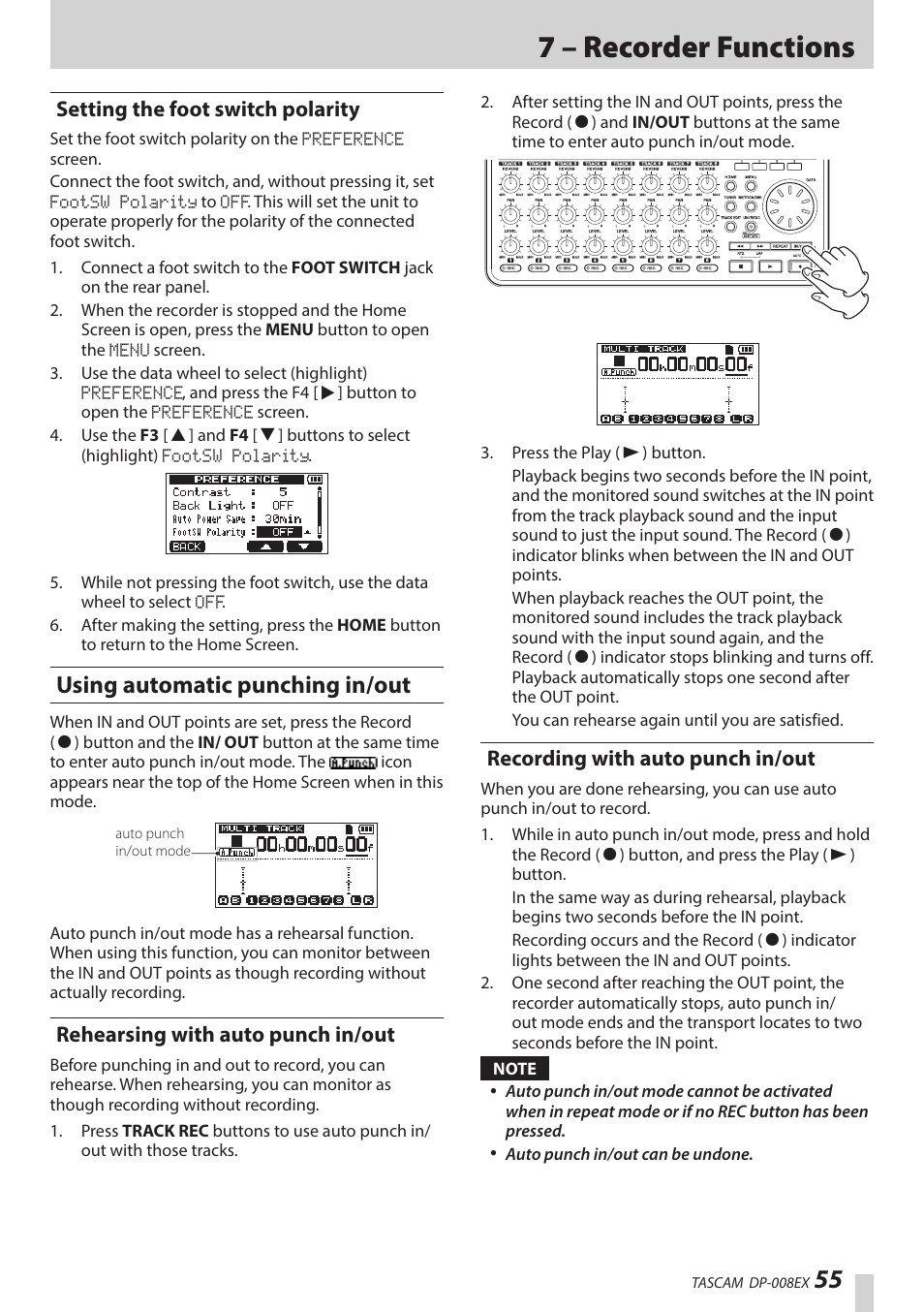 Setting the foot switch polarity, Using automatic punching in/out, Rehearsing with auto punch in/out | Recording with auto punch in/out, Ee “using automatic punching in/out, 7 – recorder functions | Teac DP-008EX User Manual | Page 55 / 92