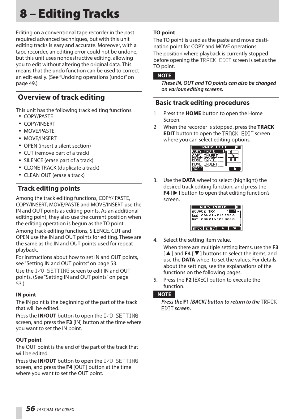 8 – editing tracks, Overview of track editing, Track editing points | Basic track editing procedures | Teac DP-008EX User Manual | Page 56 / 92