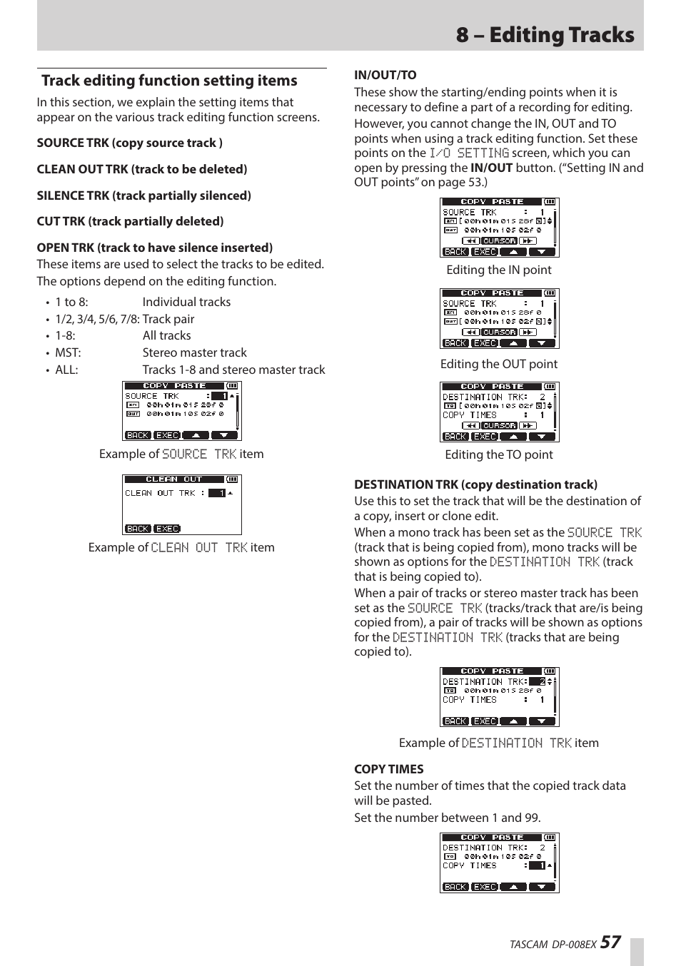 Track editing function setting items, 8 – editing tracks | Teac DP-008EX User Manual | Page 57 / 92