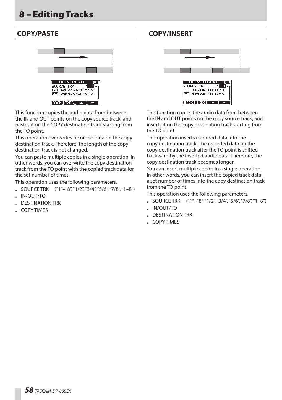 Copy/paste, Copy/insert, 8 – editing tracks | Teac DP-008EX User Manual | Page 58 / 92