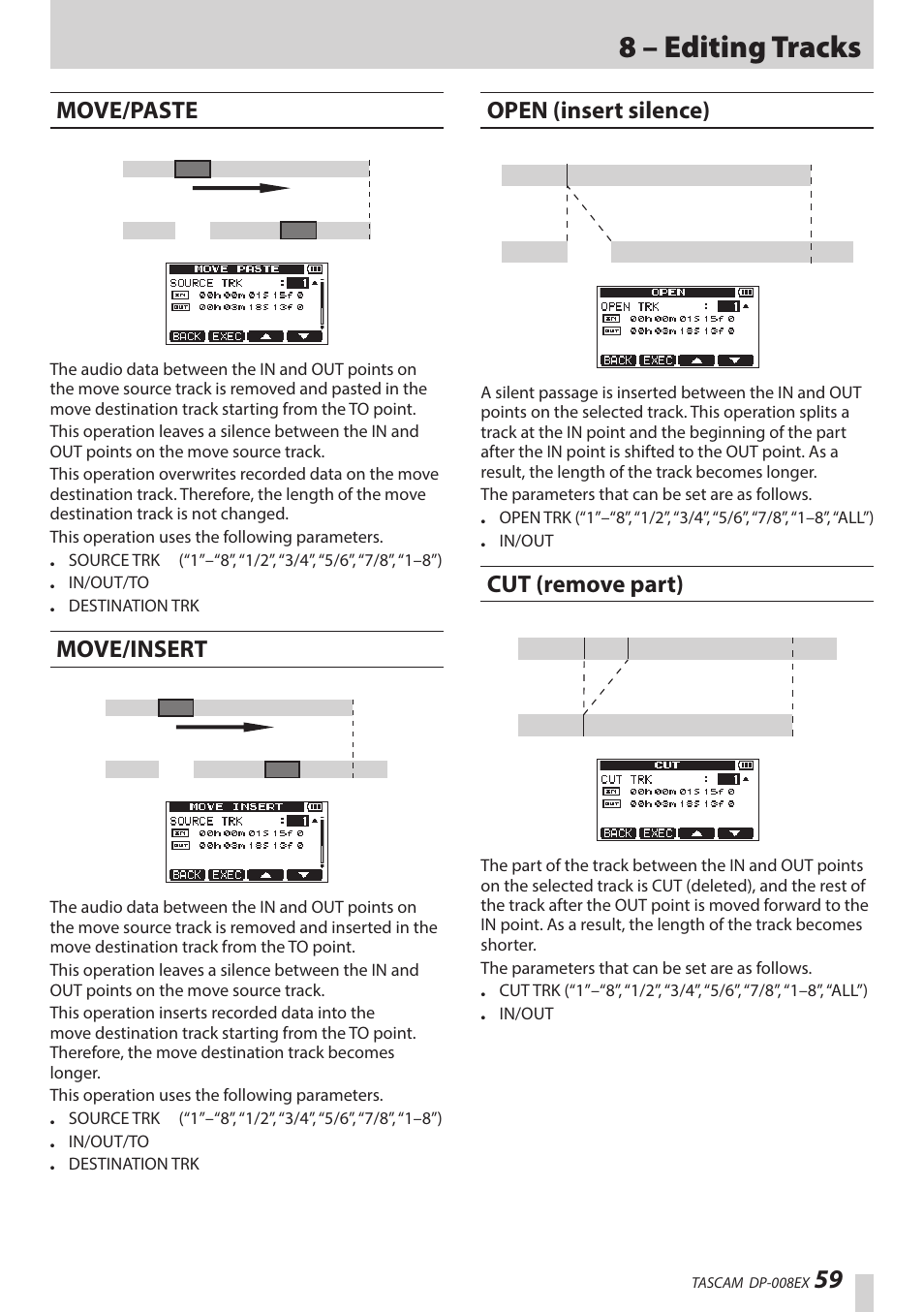 Move/paste, Move/insert, Open (insert silence) | Cut (remove part), 8 – editing tracks | Teac DP-008EX User Manual | Page 59 / 92