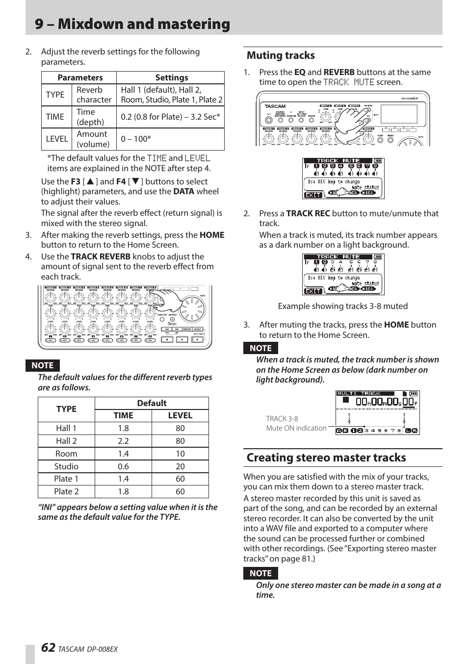 Muting tracks, Creating stereo master tracks, Ed in “creating stereo master | Ee “creating stereo master tracks” on, 9 – mixdown and mastering | Teac DP-008EX User Manual | Page 62 / 92